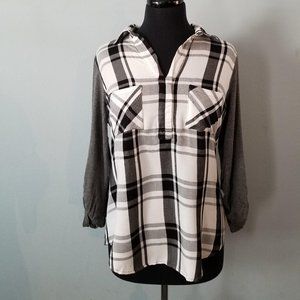 Black, gray, and white gingham blouse